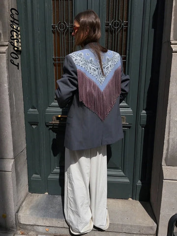 Women's Oversized Blazers Back Bandana Paisley Patchwork Tassels Suit Jacket Autumn Office Lady Lapel Long Sleeve Loose Coat