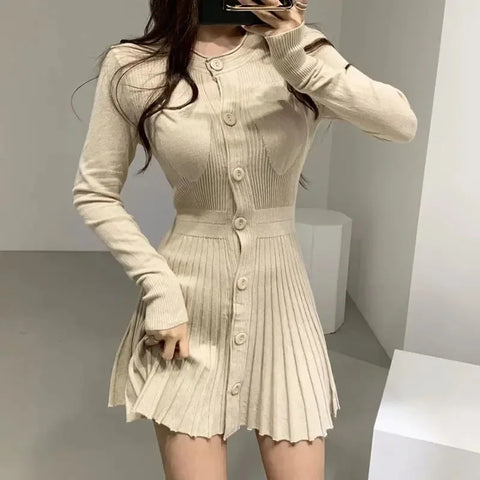 Vintage Buttons Sweater Dress for Women Korean Long Sleeve O Neck Mini Dresses Slim Ribbed Knitted Short Dress