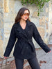 Women Black Belted Double Breasted Coat High Neck Long Sleeve Tailored Fit Elegant Jacket Winter Office Casual Outerwears