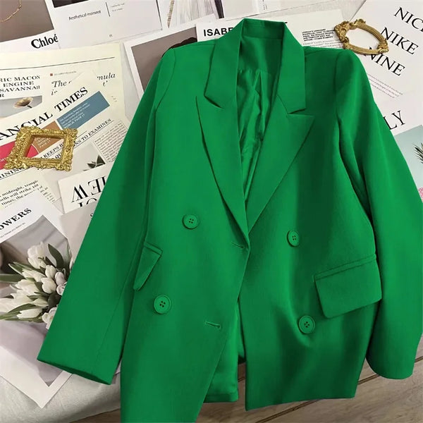 Korean Solid Color Lady Top Outwear Spring Autumn Long Sleeves Female Blazer Jacket Double-breasted Women Suit Coat