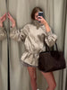 Autumn Chic Women Short Trench Jacket Stand Collar Drawstring Waist Cinching Long Sleeve Zipper Casual Outerwear Coat