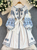 Women's Dress Spring Vintage Embroidery Lace-up O-Neck Versatile Loose Bandage Waist A-line Mid-length Vestidos DS354