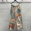 Autumn Winter Niche Design Print Contrast Color Loose Jeans For Women Straight Wide-leg Denim Pant 1A1517
