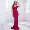 Off The Shoulder Mermaid Evening Dress Red Stretchy Sequin Velvet Slash Neck Floor Length Women Party Dresses