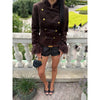 Light Green Landscape Print Jackets Women Chic Stand Collar Furry Cuff Single Breasted Slim Cropped Coat Lady Autumn Daily Wear