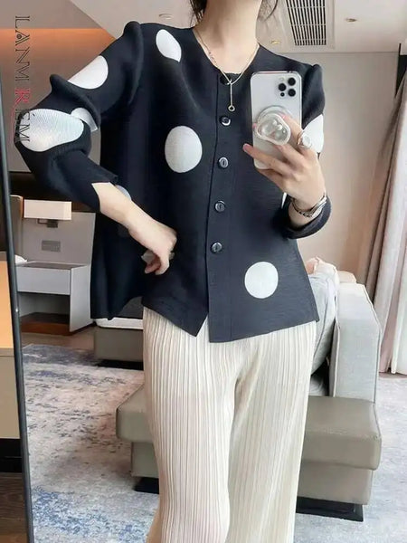 Color Contrast Polka Dot Print Pleated Cardigan Blouse Versatile Shirt Women's Short Coat Spring 2DE391