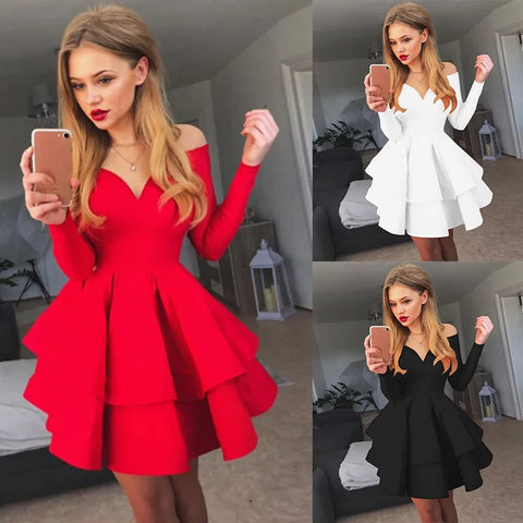 Autumn Clothes Solid Color Long Sleeve Sexy Clubwear V-Neck Off The Shoulder Evening Party Dress Red Dresses For Woman