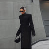 Black Tailored Long Coat Women Elegant Asymmetric Button Front Pockets Full Sleeve Criss-cross Neck Jacket Casual Outerwear