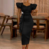 Women Short Ruffles Sleeve O-neck Ribbon Bodycon Midi Dress Street Africa OL Evening Sexy Party Dresses Vestido