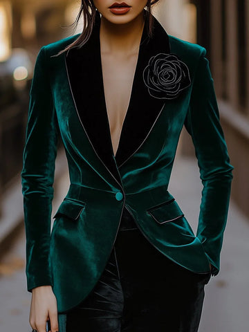 Green Velvet Blazer for Women Single Breasted 3D Rose Flower Female Blazer Jacket Slim Fit Office Lady Outerwear Coat