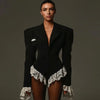 Lace Suit Jumpsuit Female Blazer Body Top V-Neck Slim Long Sleeve Sexy Cardigan Streetwear Women Black Rompers