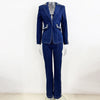 High Street Runway Designer Suit Set Women's Career Style Single Button Washed Denim Beaded Blazer Long Pants Suit