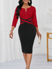 Womens Elegant Front Zipper Work Office Knee Length Colorblock Business Casual Party Bodycon Sheath Dress