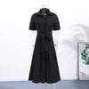Elegant Belt Women Long Black Dress Full Sleeve Pleated Lapel Waist-Closed Female A Line Dresses Spring Lady Robes