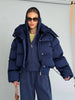 Solid Hooded Cropped Puffer Jacket Women Stand Collar Snap Button Loose Long Sleeve Jackets Winter Casual Warm Padded Coat