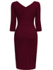 Women Vintage 2/3 Sleeve Deep V-Neck Ruched Slim Knee Length Cocktail Party Wrap Sheath Bodycon Pencil Dress