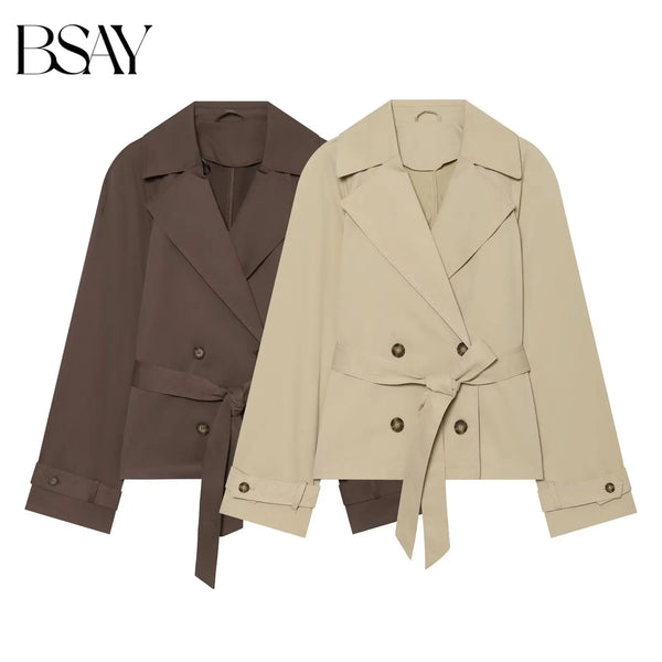 Women Short Trench Coat Lapel Double Breasted Belted Waist Long Sleeve Cropped Windbreaker Casual Commuter Outerwear