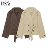 Women Short Trench Coat Lapel Double Breasted Belted Waist Long Sleeve Cropped Windbreaker Casual Commuter Outerwear