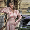 Elegant Printed Satin Long Dress Women Slim Lace Up V-neck Full Sleeve Pleat Dresses Autumn Lady Party Evening Robes