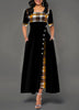 Women's Irregular Lattice Patchwork Long Dresses Vintage Buttons O Neck Half Sleeves Casual Lady Commuting Dress