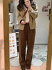 Retro High Waist Corduroy Pants Women Spring Fall Straight Causal Full Length Trousers Korean Baggy Black Pants
