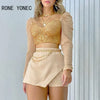 Women Chic Long Sleeves Short Tops Sequins Patchwork Mesh Chain Decoration Bodycon Mini Sexy Skirt short Sets