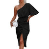 Womens Satin One Shoulder Batwing Sleeve Ruched Bodycon Midi Long Dress Asymmetrical Wrap Front Cocktail Party Dresses