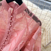 Women Elegant Floral Emboridery Dress Hollow Out Long Sleeve Single Breasted Belt French Court Chic Short A Line Dress