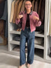 Pink Corduroy Cropped Jacket For Women Casual Contrast Collar Long Sleeve Zipper Coat Lady Spring Chic Streetwear