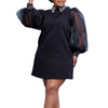 Women Loose Dresses Turn Down Collar with Beading Elegant Office Ladies Occasion Female Casual Long Tulle Sleeves Gowns