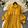 Spring Vintage Loose Dresses Women Lantern Sleeve Turn-down Collar Solid Single Breasted Casual Folds Long Dress