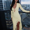 V-Neck Long Sleeve Slim Side Slit Mesh Patchwork Long Dress Women'S Solid Sexy Elegant Clothes Party Club Autumn Outfit