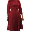 Elegant Office Dress Pleated for Women Professional Round Neck Full Sleeve Belt Waisted Mid Calf Formal Business Work Dress