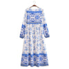 Boho White Blue Totem Print Bow Lacing up Neck Long Straight Dress Women Viscose Cotton Full Sleeve Maxi Robe Holiday