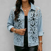 Women's See-Through Lace Patchwork Denim Jacket Casual Loose Button Up Jean Coat Long Sleeve Streetwear Outerwear Coat