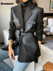 Autumn Black Wool Blends Patchwork Leather Jacket Women with Many Pockets Long Sleeve Korean Streetwear
