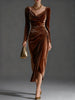 European and American Women's Casual Gold Velvet Sexy Long-Sleeve Slim Pleated Long Split Bodycon Dress