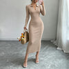 Women Polo Collar Knit Maxi Long Dress Elastic Ribbed Long Sleeve Bodycon Sweater Dress Elegant Ladies Party Casual Outfits