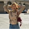 Belted Waist Cropped Trench Double Breasted Stand Collar Autumn Chic Elegant Women Coat Casual Vintage Office Lady Jacket