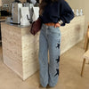 Women's Casual Loose Straight Denim Pants with Five-Pointed Star Design