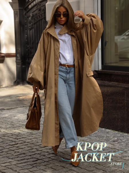 Women's Brown Stand Up Collar Long Long Trench Coat Lantern Sleeve Side Slit Loose Windbreaker Spring Autumn Coat
