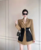 Original Design Blazer Women Loose Spliced Pocket Korean Shrug Notched Single Breasted Blazer Mujer Femal with Belt