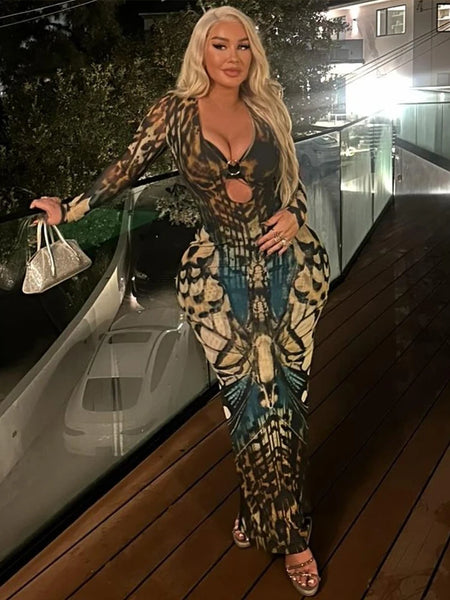 Sexy See Through Dress Woman Butterfly Print Metal Ring Hollow Full Sleeve Splits Clubwear Midnight Elegant Bodycon