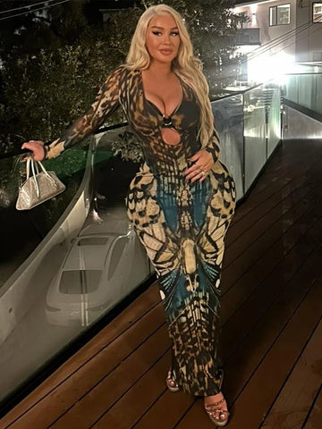 Sexy See Through Dress Woman Butterfly Print Metal Ring Hollow Full Sleeve Splits Clubwear Midnight Elegant Bodycon