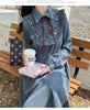 Art Mori Girls Long Dress Autumn Winter Basic Wear Retro Vintage Japan Style Doll Neck Cute Sweet Ribbon Bow Tie Corduroy Dress