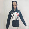 Y2K Gothic Butterfly Print Zip Up Women Hoodies Winter Grunge Skeleton Sweatshirt Casual Hooded Jacket Streetwear Hoodie