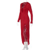 V-Neck Long Sleeve Slim Side Slit Mesh Patchwork Long Dress Women'S Solid Sexy Elegant Clothes Party Club Autumn Outfit