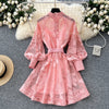 Women Elegant Floral Emboridery Dress Hollow Out Long Sleeve Single Breasted Belt French Court Chic Short A Line Dress