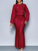 Shiny Women's Dress Spring Autumn O-neck Long Sleeve Slim Hips Banquet Long Dress Female Pleated Party Fishtail Dresses