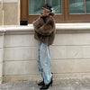 Women Solid Faux Fur Coat Elegant Lapel Collar Long Flare Sleeve Loose Jackets Winter Warm Female Chic High Street Outerwear